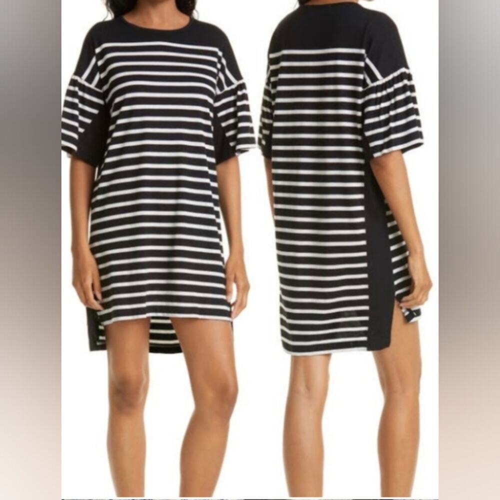 NWOT La Ligne New York Black White Stripe Drop Shoulder Puff Sleeve Dress Size L
